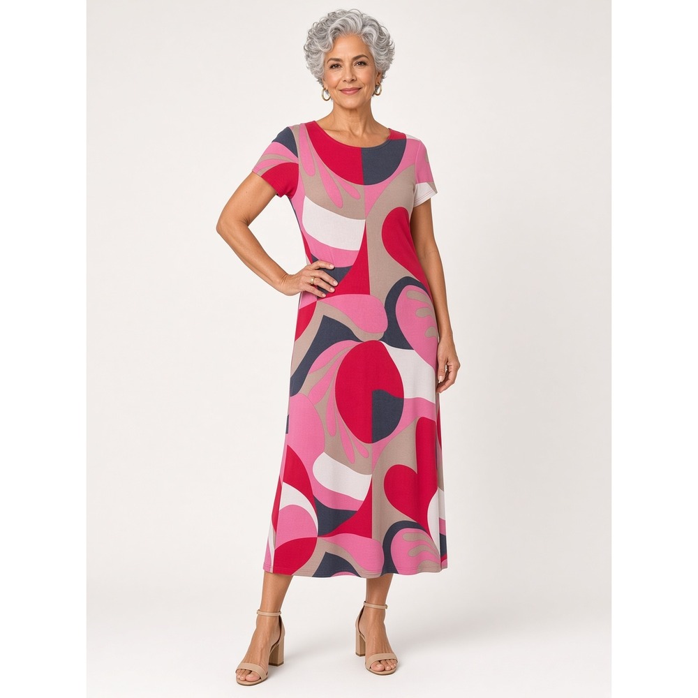Chicos Geometric Abstract Maxi Dress Pink Red Slinky Vacation Cruise Size 0 S